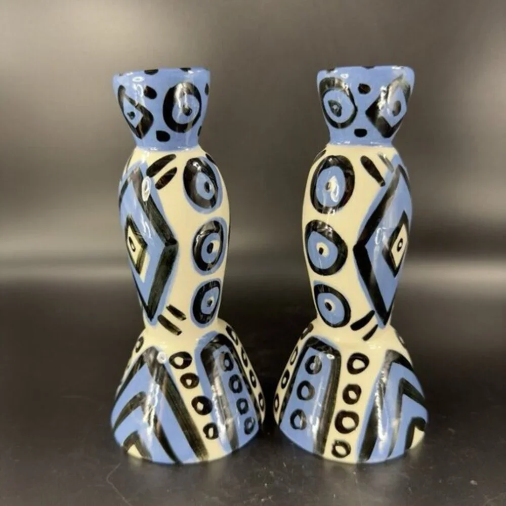 Hand Painted Vintage Pottery Candle Stick Holder Set 2 Signed YCHUK Abstract‎ 2